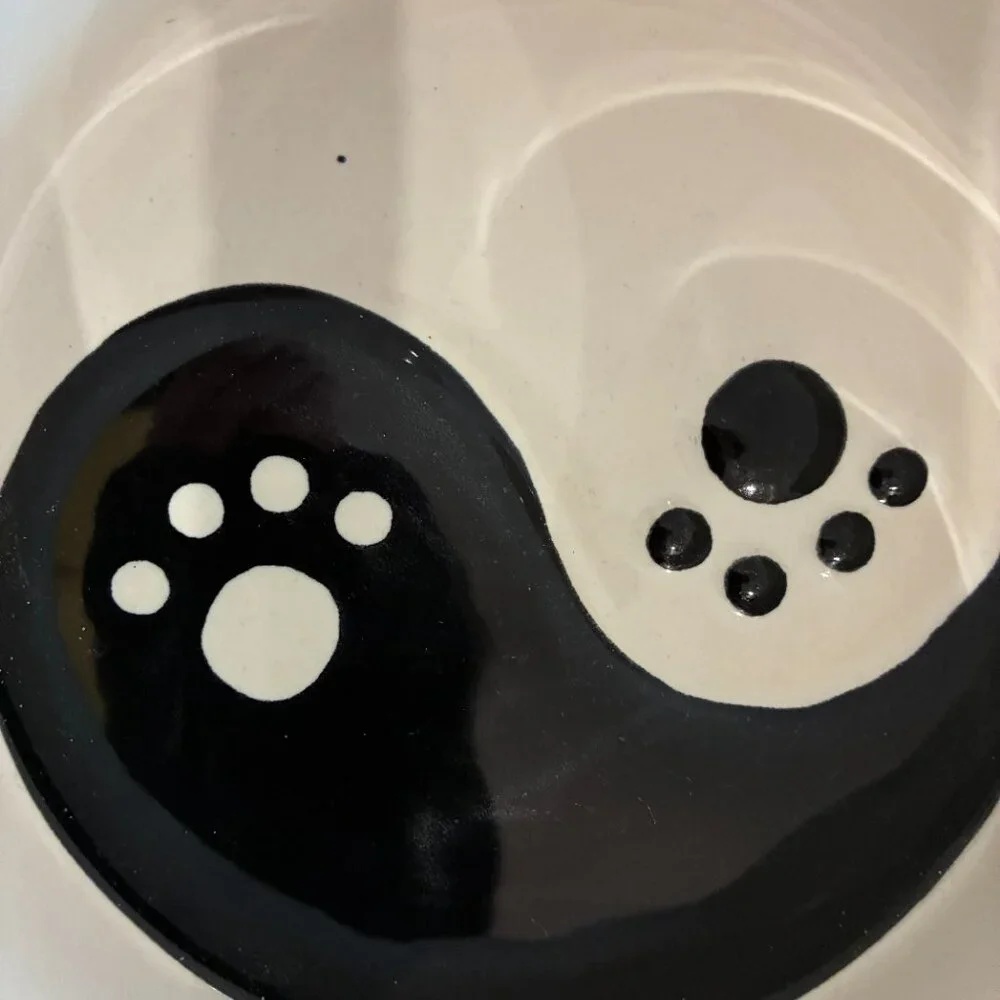 Yin/Yang ceramic dog bowl and toy